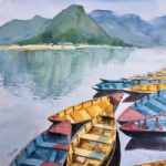 Colourful Boats Backdrop of Hills – Berkshire Art Gallery – Landscape Artist Kusum Shabong