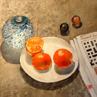 Chinese officials order vegans’ salads (9,3,5,4) – Newspaper Crossword – Oranges Watercolour Painting by Reading Guild of Artists member Richard Cave