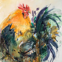 Colourful Cockerel - Wildlife Art Gallery - Watercolour and Acrylic - Society of Women Artists member Jenny Whalley