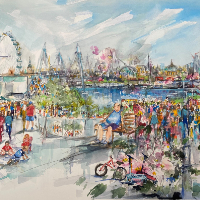London Cityscape South Bank Terrace – People Watching – London Eye – Sandhurst Artist Jenny Whalley