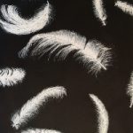 Falling Feather – Angels are Near – White on Black Painting by Contemporary Berkshire Artist Lee Driver