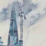 Shard and Cranes – London City Redevelopment – Painting by Contemporary Royal Watercolour Society Urban Artist Linda Saul