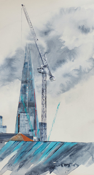 The Shard and Cranes - London Redevelopment - Painting by Contemporary Royal Watercolour Society Urban Artist Linda Saul