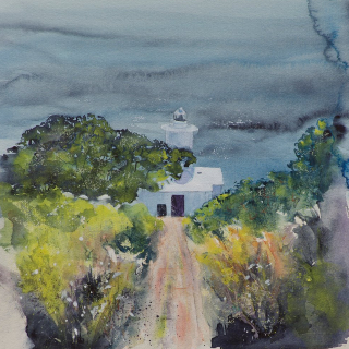 Tater Du Lighthouse - Painting by Reading Berkshire Royal Watercolour Society Artist Linda Saul 320x320