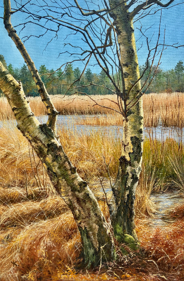 Englemere Pond, Birch Trees, Ascot, near Winkfield, Berkshire - Oil Painting by Artist Yana Kucheeva