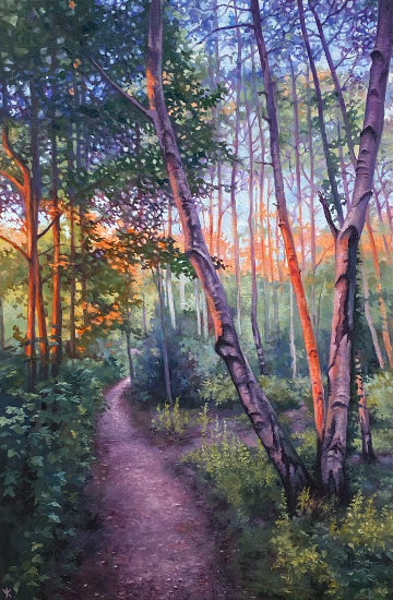 Path through sunlit forest, Long Hill Park - Oil Painting by Berkshire Artist Yana Kucheeva