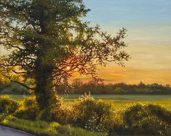 Sunset, Tree, Countryside - Straight Mile Road, Twyford, Berkshire - Oil Painting by Artist Yana Kucheeva