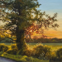 Sunset, Tree, Countryside - Twyford, Berkshire - Straight Mile Road - Oil Painting by Artist Yana Kucheeva