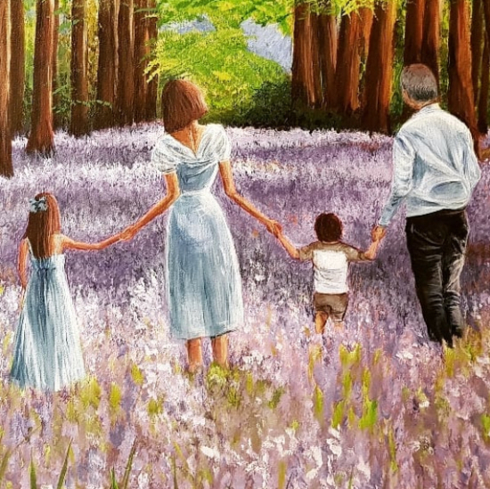 Family in Bluebell Wood - Commissioned Painting by Sucheta Rose, Artmind2soul, Windsor Berkshire Artist