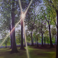 Sunlight through the Trees – Glimmer of Hope – Acrylic Painting by Windsor Berkshire Landscape Artist Sucheta Rose
