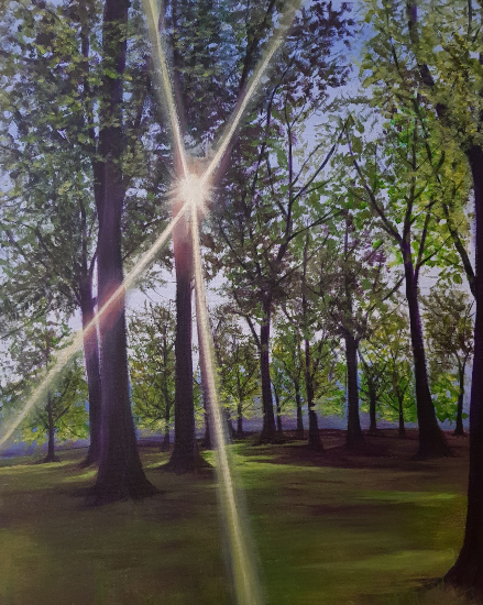 Sunlight through the Trees - Glimmer of Hope - Acrylic Painting by Windsor Berkshire Landscape Artist Sucheta Rose