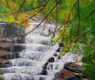 Waterfall Glory - Virginia Water, Surrey - Acrylic Painting by Landscape Artist Sucheta Rose - Artmind2soul